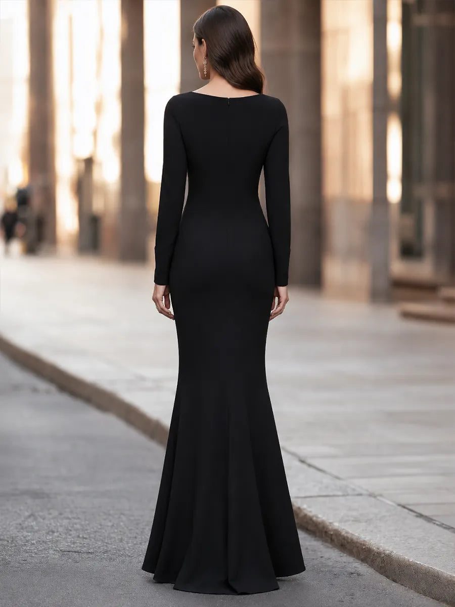Boat-Neck Ruched-Waist Mermaid Maxi Dress