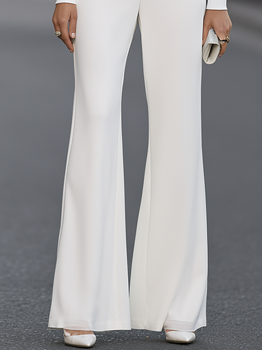 Mock-Neck Pleated Blouson Bodice Flared-Leg Jumpsuit
