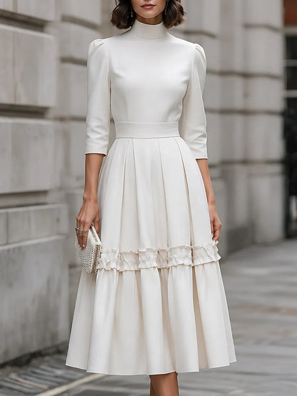 High-Neck Ruffle-Trim Pleated Midi Dress
