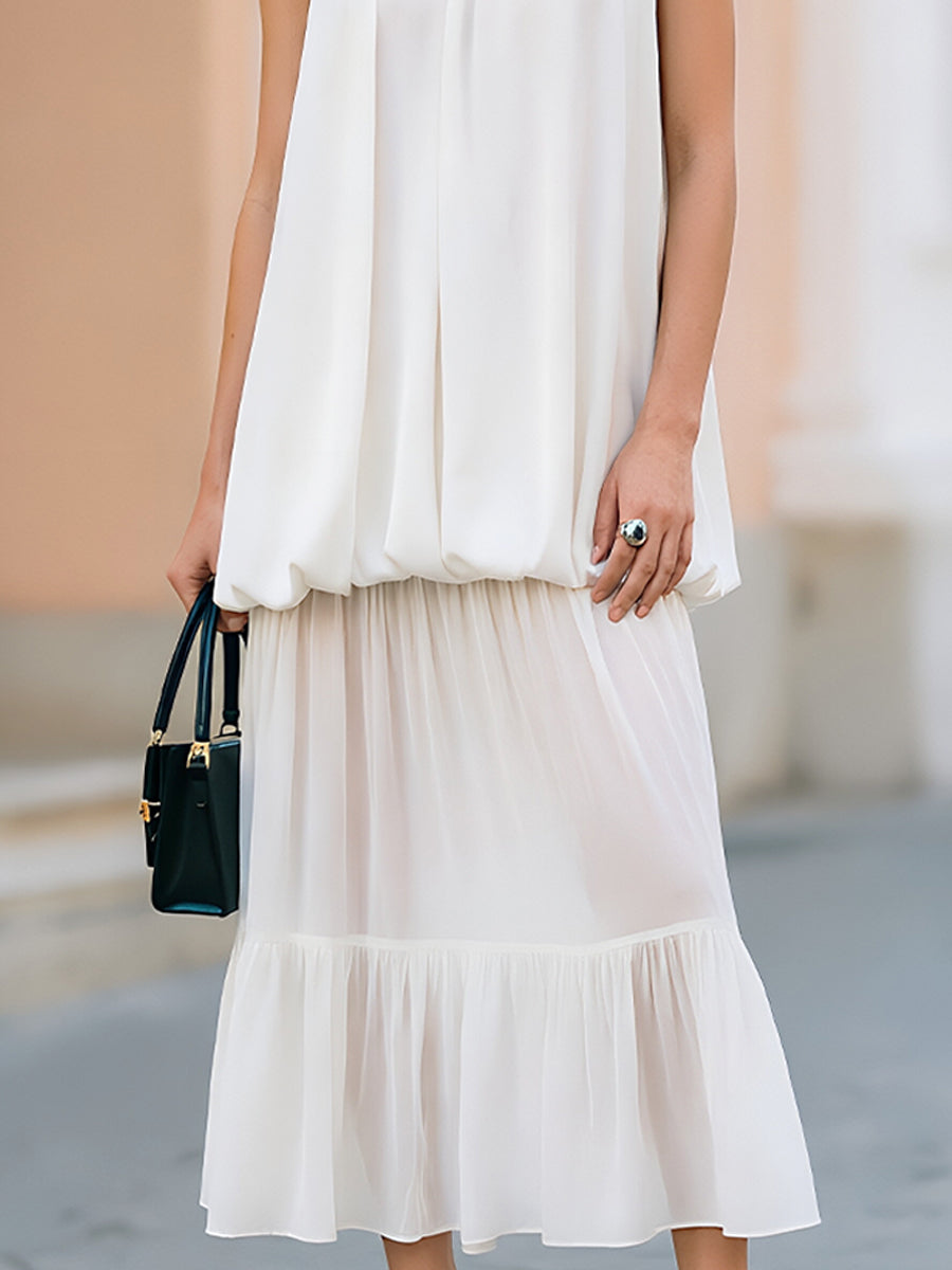 Sleeveless Bubble-Hem Chiffon Tiered Midi Dress