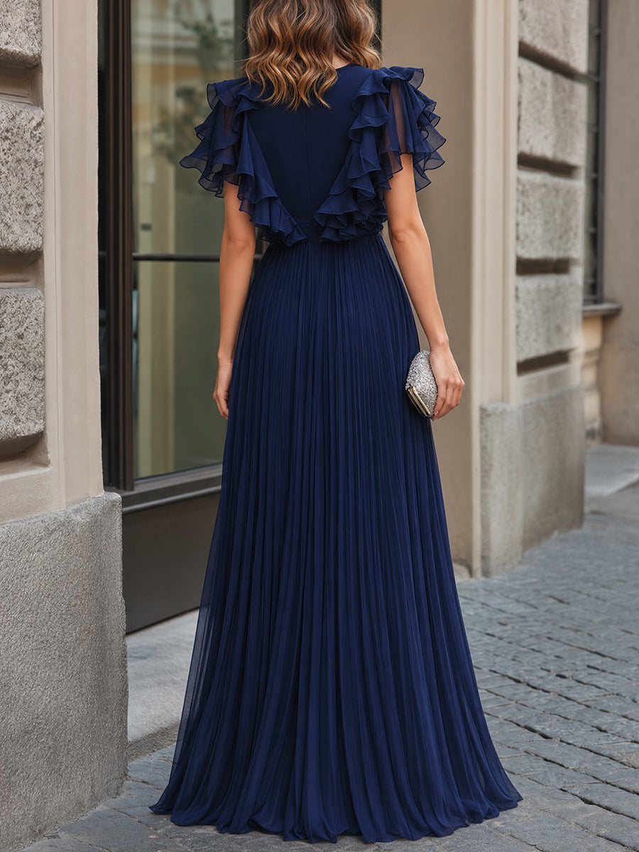 Ruffle-Sleeve Pleated Chiffon Maxi Dress