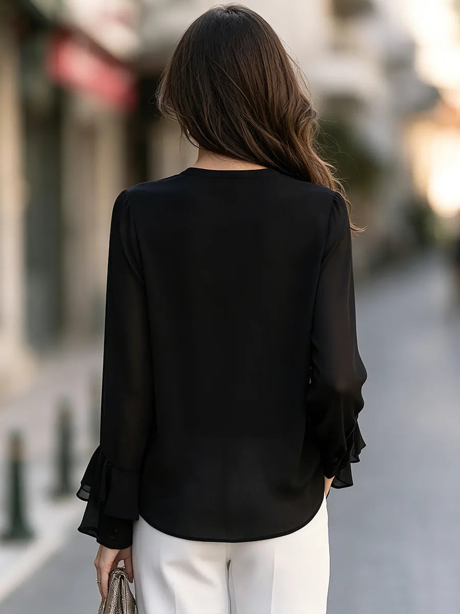 Ruffled Chiffon V-Neck Tiered Bell Cuffs Blouse