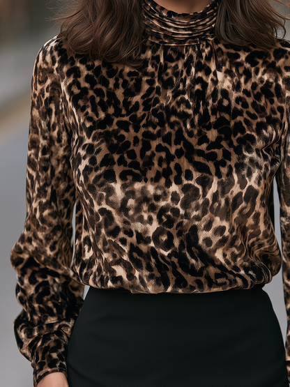 Women's Leopard Print High Neck Long Sleeve Blouse Top