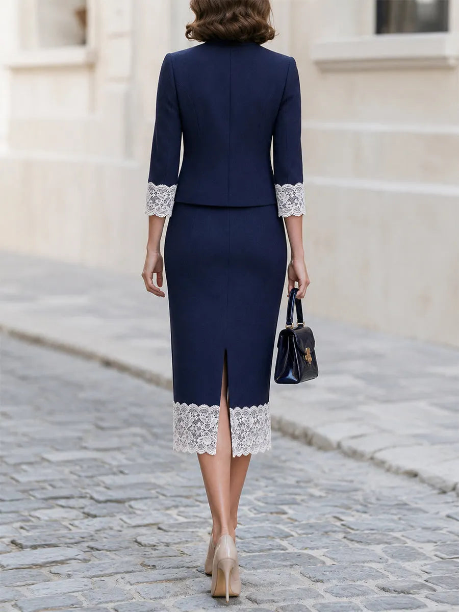 Stand Collar Button Front Lace Cuff Cropped Jacket & Lace Hem Midi Pencil Skirt