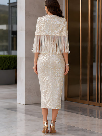 Sequin Fringe Cape Midi Dress