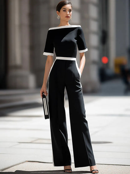 Off-Shoulder Contrast Trim Tailored Wide-Leg Jumpsuit