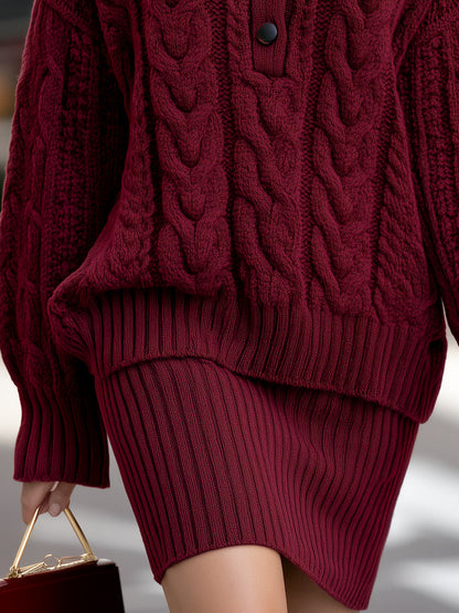 Cable Knit Mock Neck Sweater And Skirt Two-Piece Set