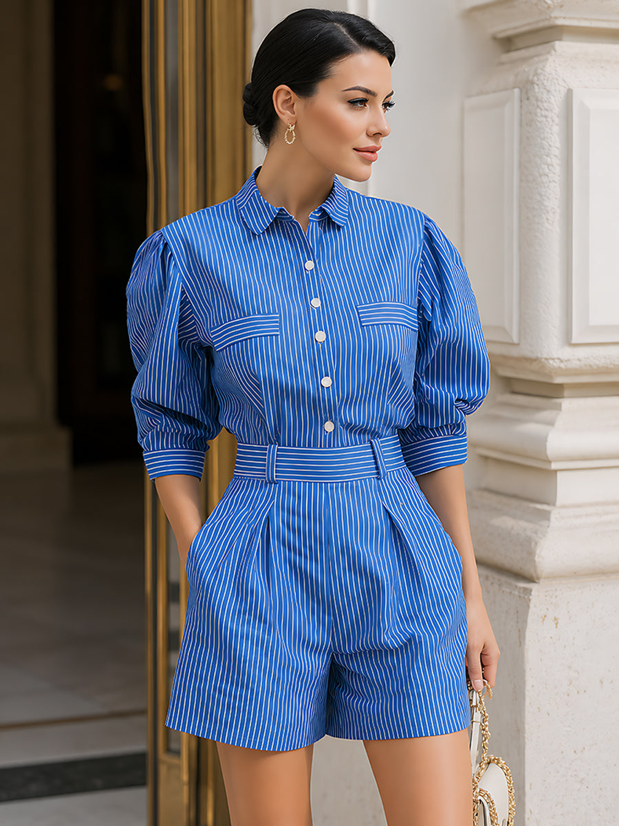 Striped Puff-Sleeve Shirt And Tailored Shorts Set
