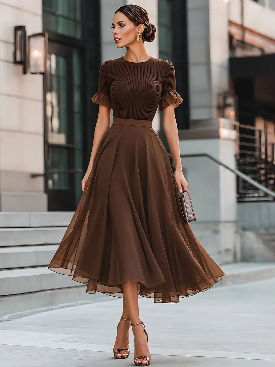 Ribbed Knit Ruffle-Sleeve Chiffon Midi Dress