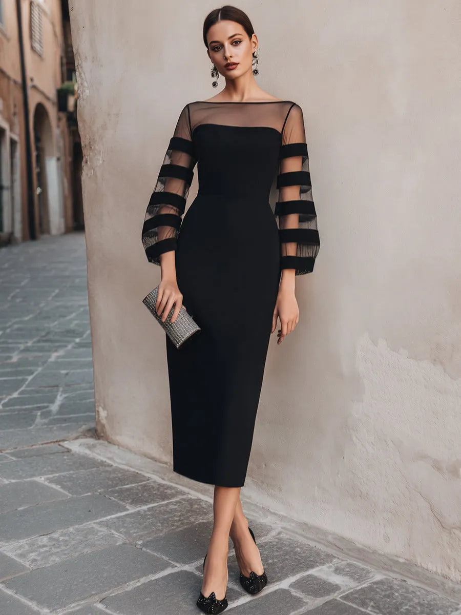 Sheer Mesh Striped Sleeve Bodycon Midi Dress