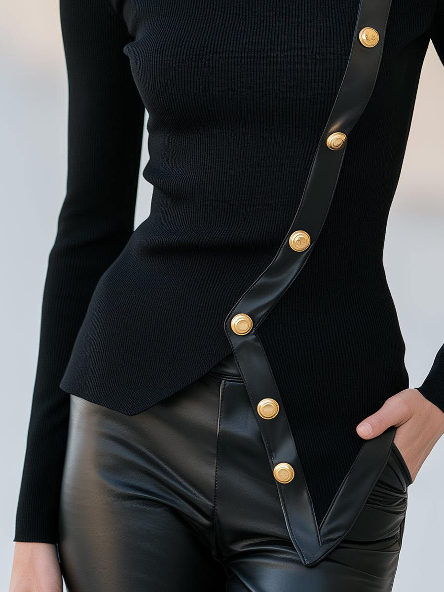 Asymmetric Button-Trim Mock-Neck Knit Top