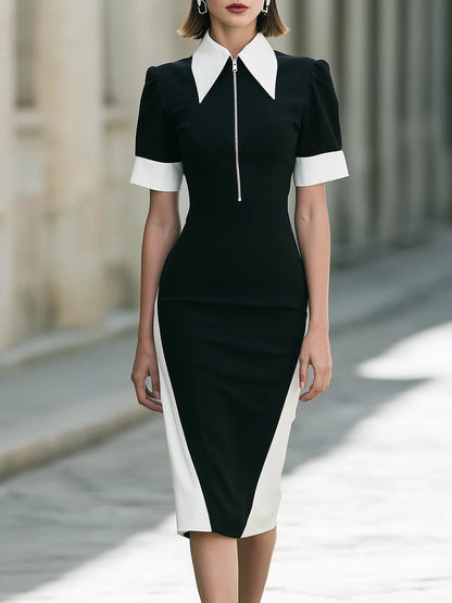 Black & White Contrast Zip-Front Collar Pencil Dress