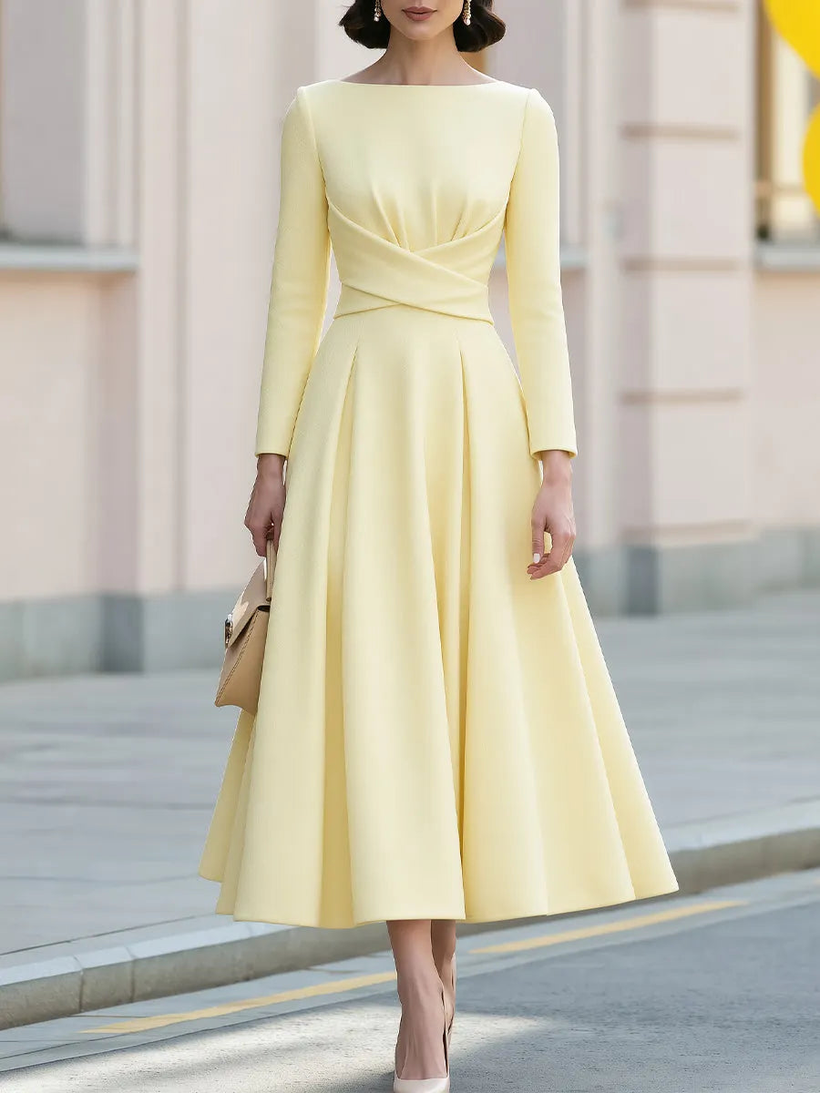 Cross Waist Boat Neck Fit Flare Midi Crepe Dress