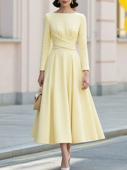 Cross Waist Boat Neck Fit Flare Midi Crepe Dress