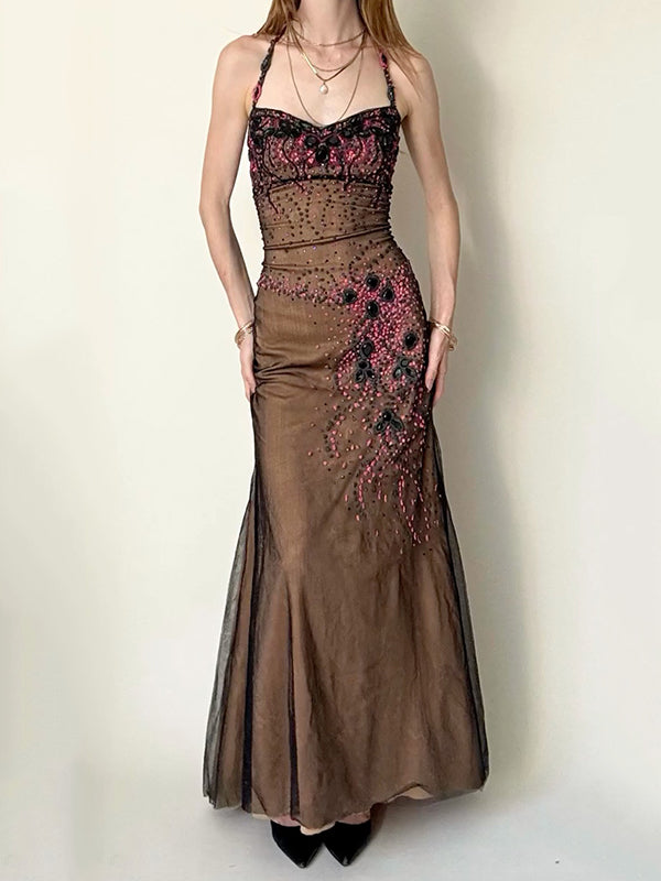 Sequinned Flower Sleeveless Spaghetti-Neck mesh Maxi Dresses Fairytale Dress