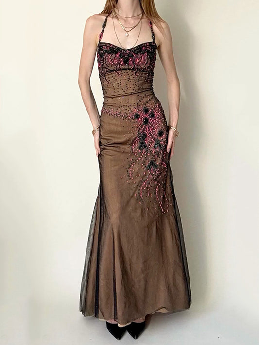Vestidos maxi de malha sem mangas com gola espaguete e lantejoulas de flores Vestido de conto de fadas