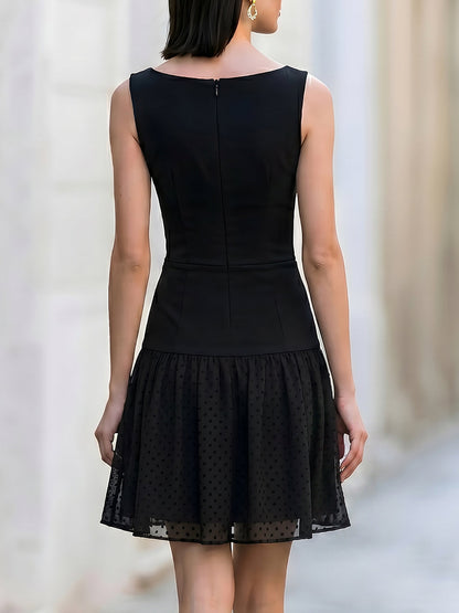 Sleeveless Boat Neck Polka Dot Tulle Skater Dress