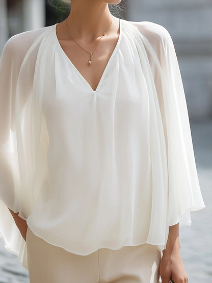 Pleated Cape-Sleeve Chiffon Blouse