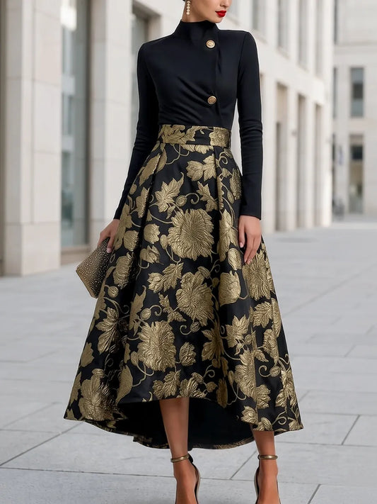 Mock Neck Jacquard Floral A-Line Midi Dress