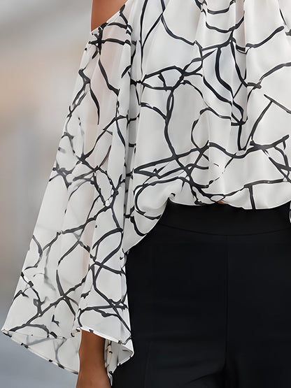 Elegant Black And White Printed Cold Shoulder Blouse