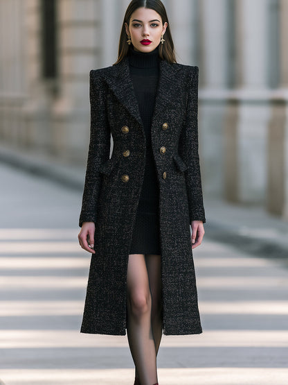 Metallic Tweed Long Coat And Sleeveless Knit Dress Set
