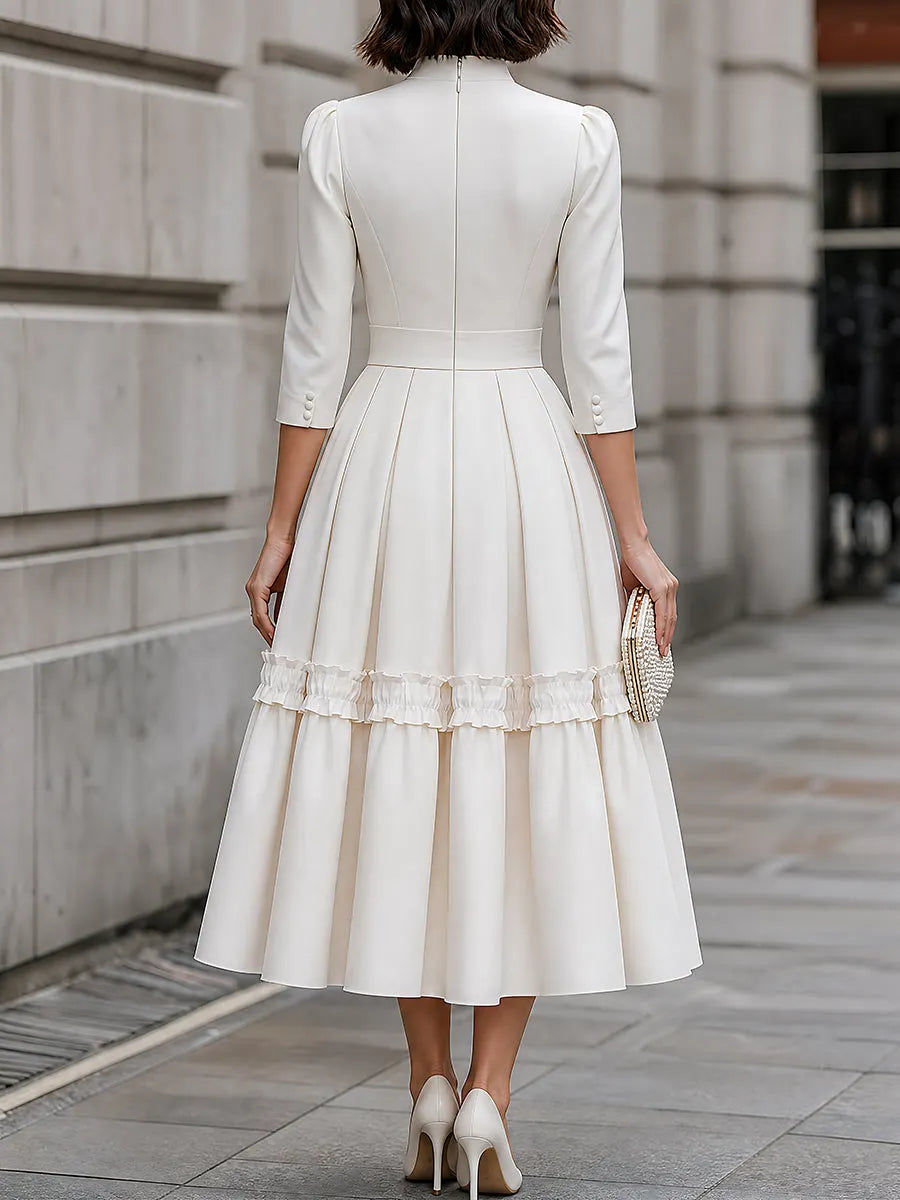 High-Neck Ruffle-Trim Pleated Midi Dress