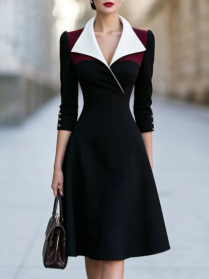 Contrast Collar A-Line Midi Dress