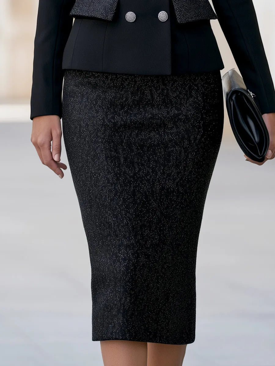 Double-Breasted Blazer Glitter Textured Pencil Skirt Set