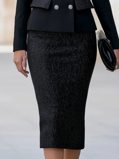 Double-Breasted Blazer Glitter Textured Pencil Skirt Set