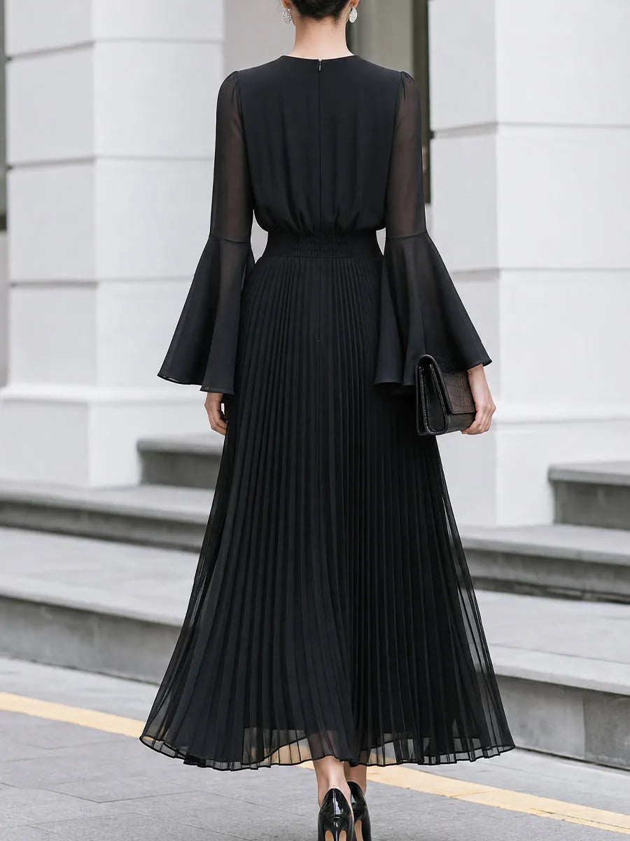 Pleated Chiffon Bell-Sleeve A-Line Maxi Dress