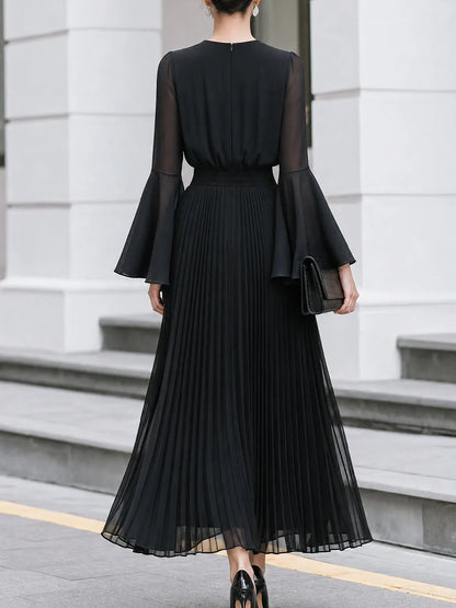 Pleated Chiffon Bell-Sleeve A-Line Maxi Dress