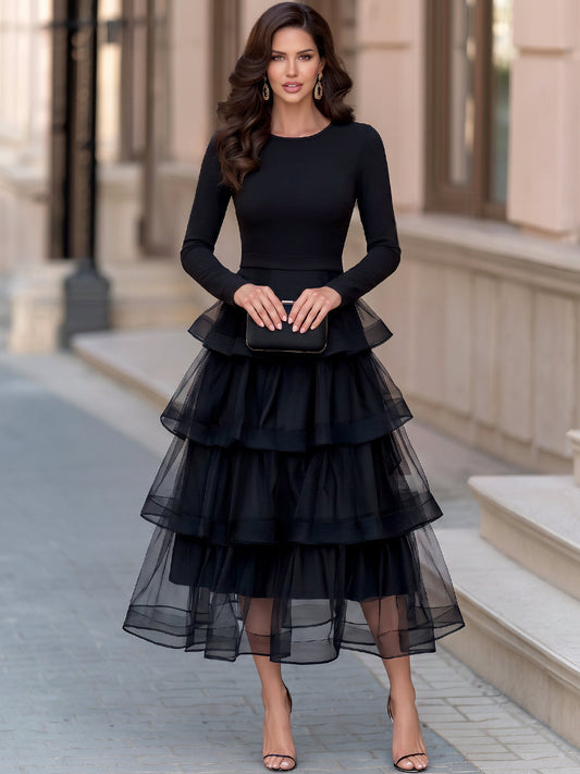 Elegant Long Sleeve Mesh Tiered Ruffle Midi Dress