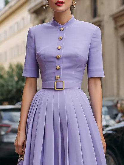 Tailored Button-Front Pleated Midi Dress