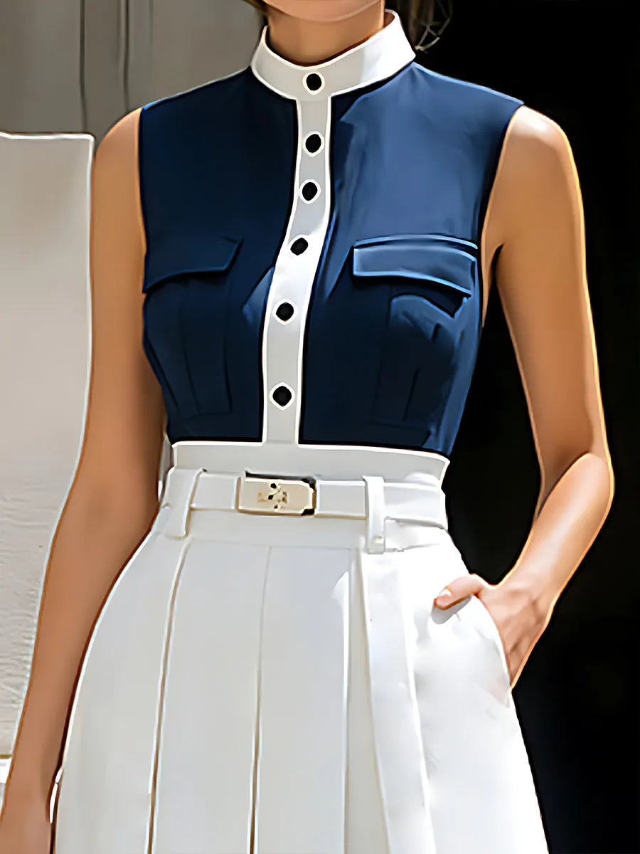 Sleeveless Contrast Bodice Pleated Midi Dress
