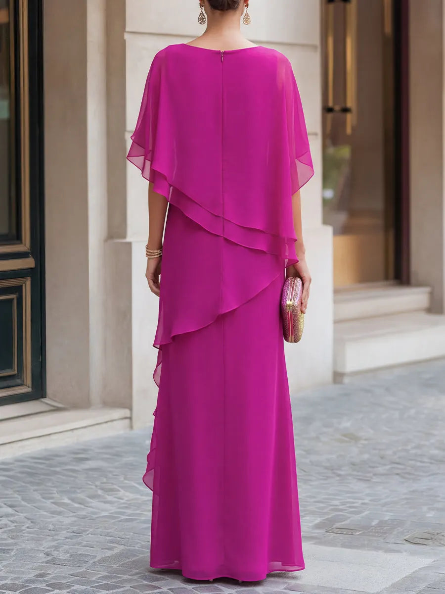 Asymmetric Tiered Chiffon Overlay Cape Maxi Dress