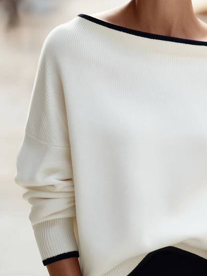 Contrast-Trim Boat-Neck Dolman Sleeve Oversized Knit Sweater