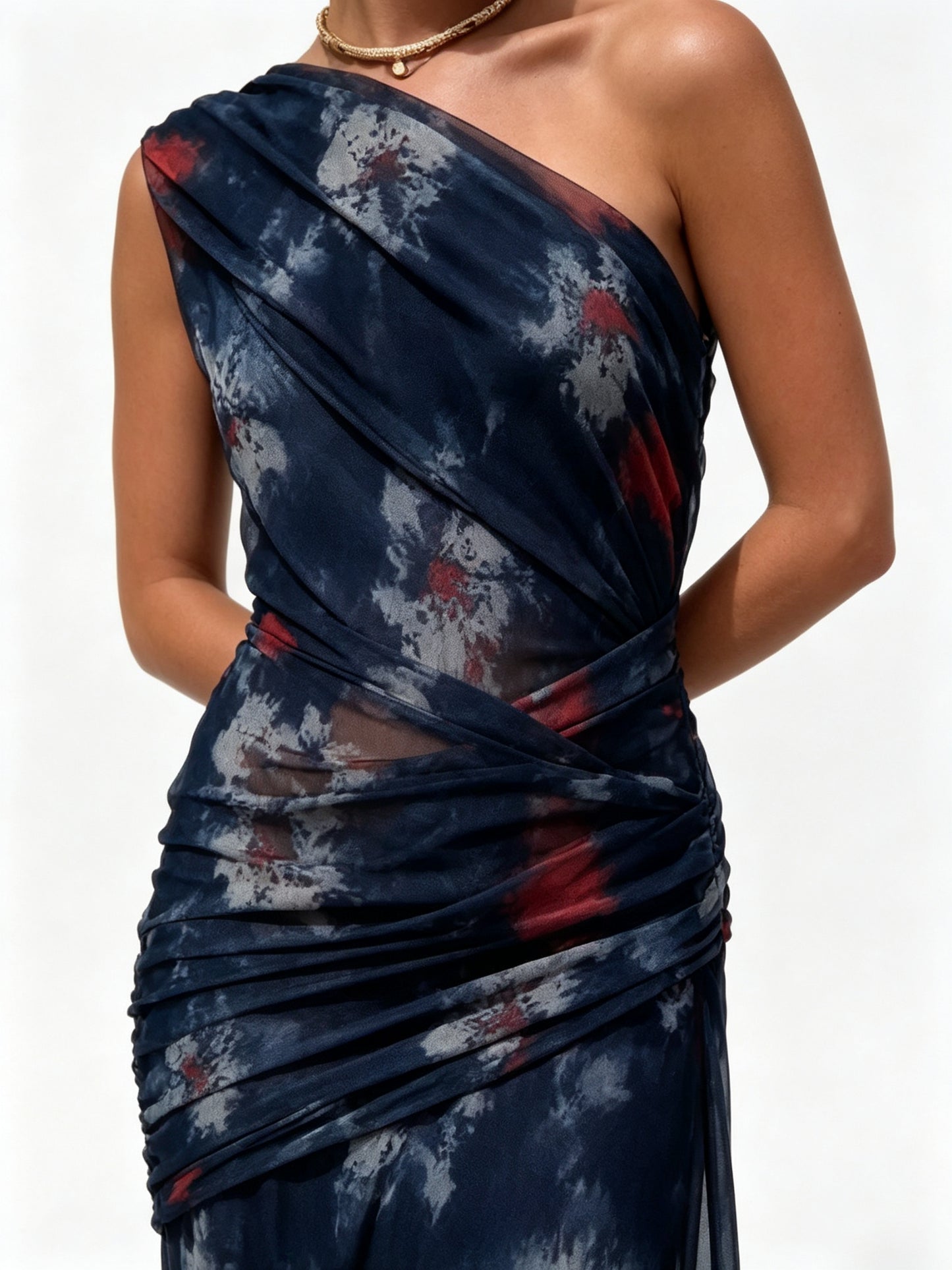 One-Shoulder Ruched Bodycon Maxi Dress - Navy Tie-Dye - Detail View