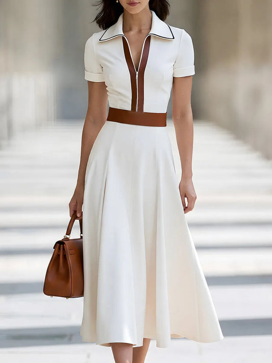 Robe midi trapèze zippée sur le devant avec liseré contrastant