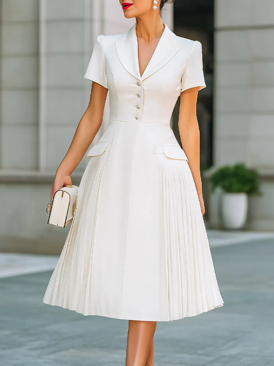 Notched-Lapel Pleated A-Line Midi Dress