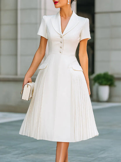 Notched-Lapel Pleated A-Line Midi Dress
