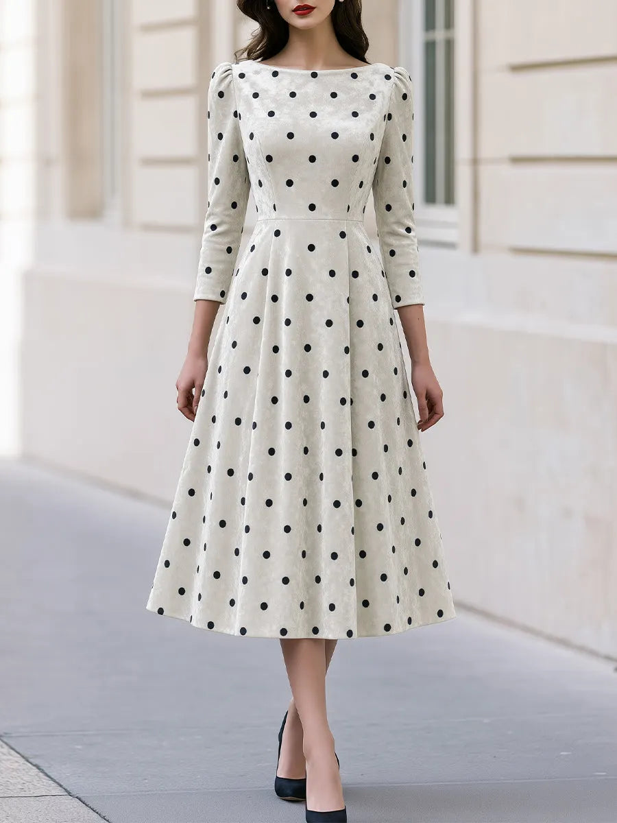 Polka Dot Velvet Fit‐and‐Flare Midi Dress