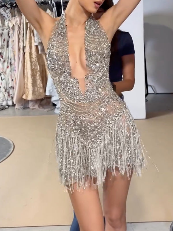 Rhinestone Flower Lacy Sleeveless Halterneck Wrap Tasseled Mini Dresses Fairytale Dress