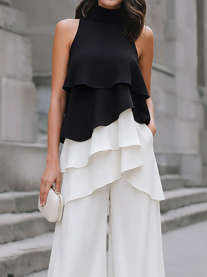 Layered Color-Block Chiffon Top and Wide-Leg Trousers Set
