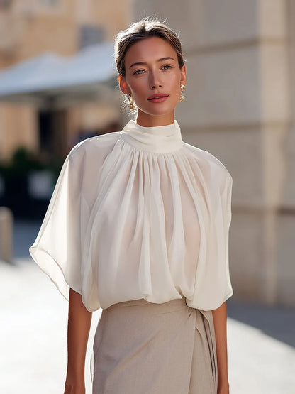 High-Neck Pleated Blouse With Voluminous Flutter Sleeves