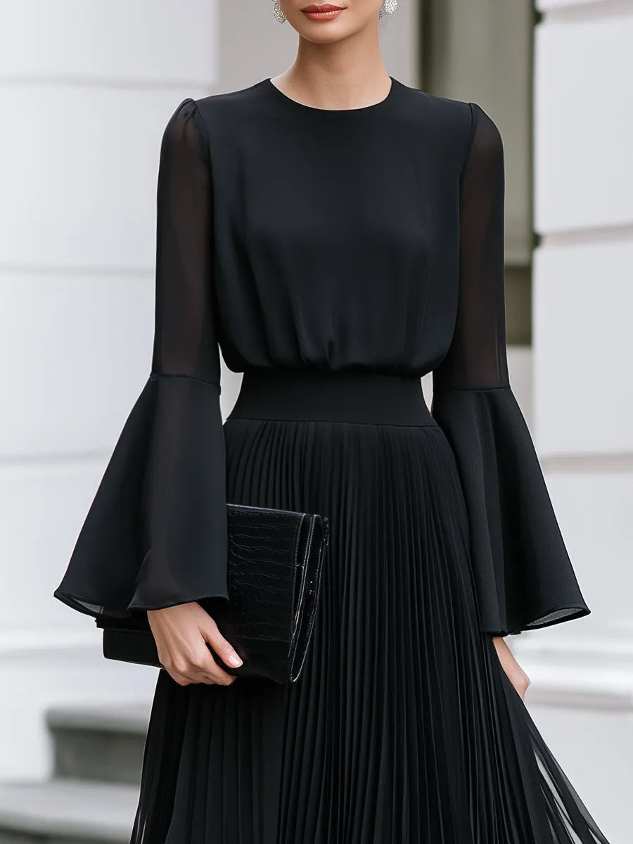Pleated Chiffon Bell-Sleeve A-Line Maxi Dress