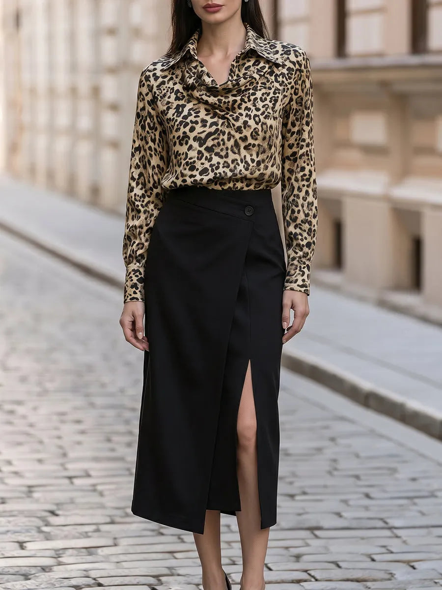 Leopard Print Draped Collar Blouse With Asymmetrical Slit Midi Skirt Set