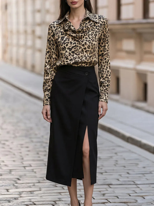 Leopard Print Draped Collar Blouse With Asymmetrical Slit Midi Skirt Set