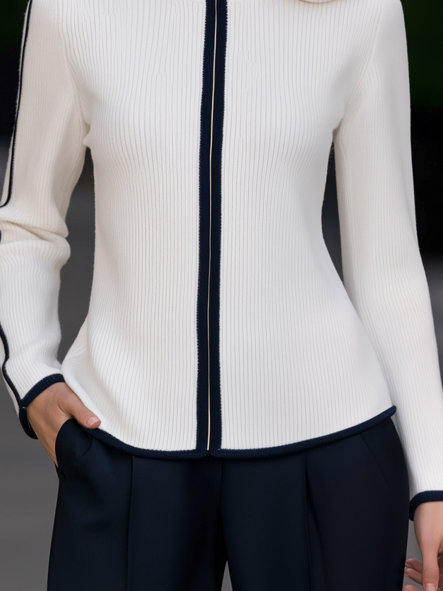 Contrast Trim Ribbed Knit Zip-Up Cardigan Jacket