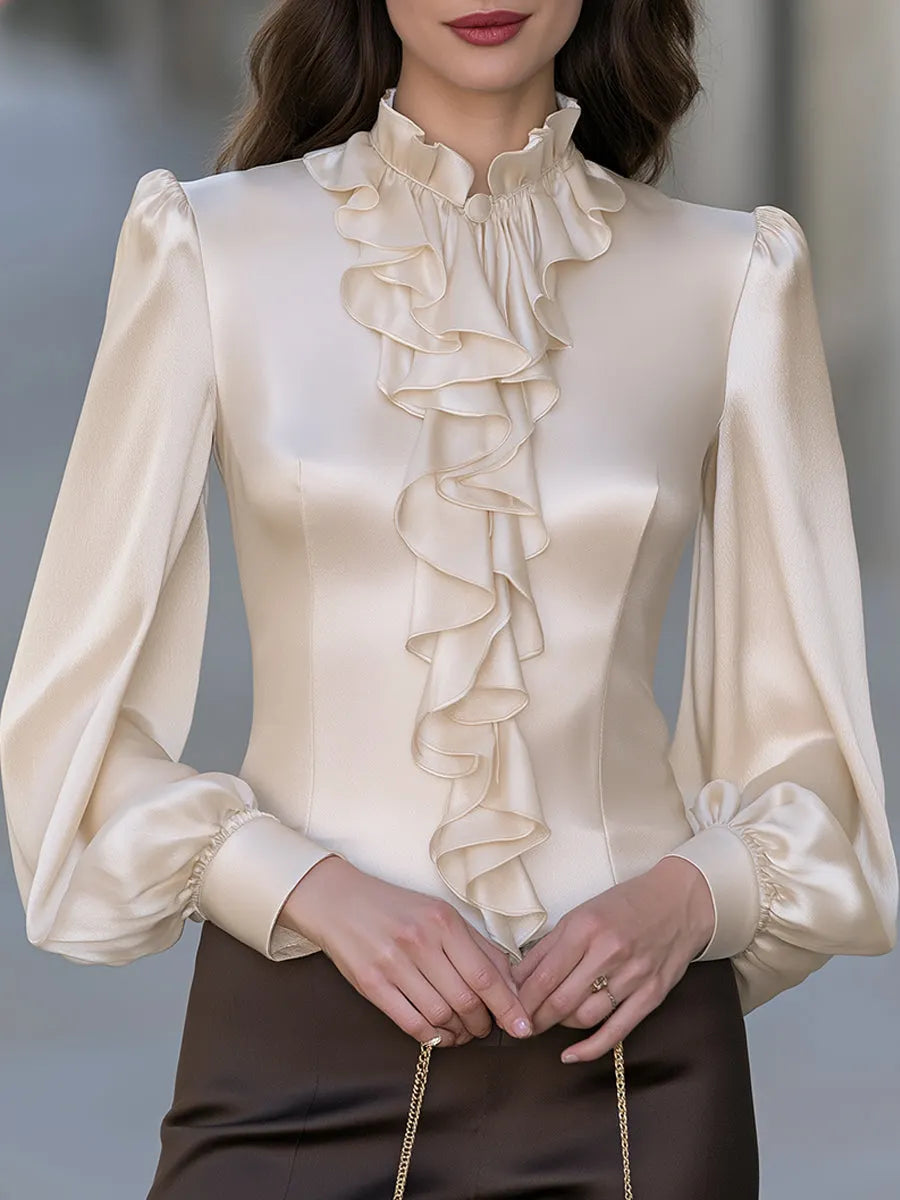 Ruffle Front High Neck Satin Blouse