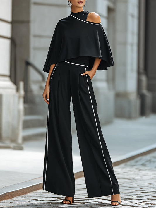 Asymmetric Cut-Out Cape Top With Wide-Leg Tailored Pants Set